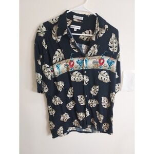Pierre‎ Cardin Black Tropical Hawaiian Shirt Men's Medium